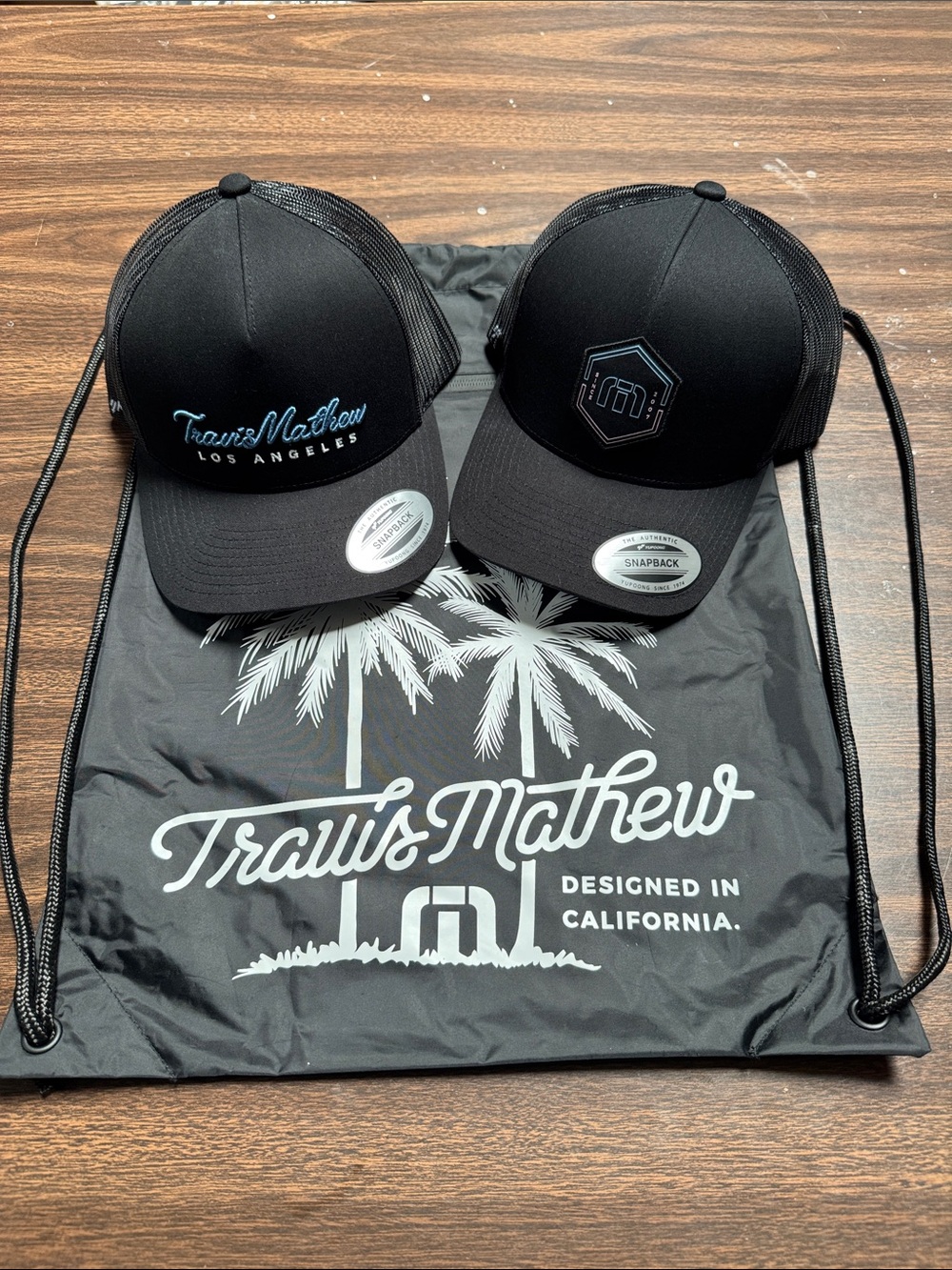 NWT Travis Mathew pack: 2 x golf hats caps + TM backpack cinch bag travismathew